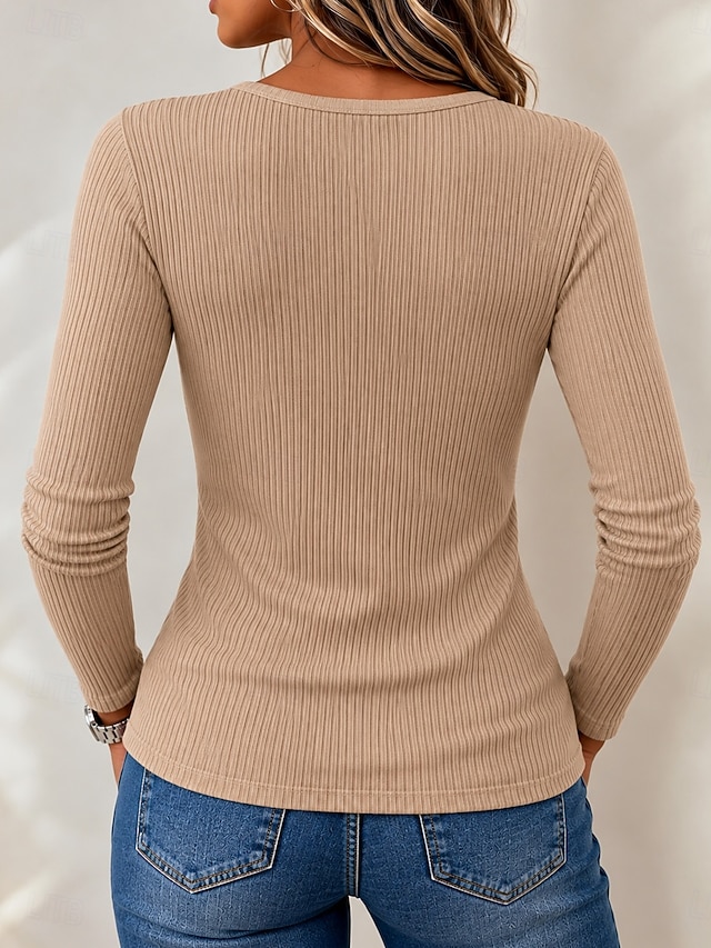 Women's Textured Knit Tops T Shirt Solid Color Vintage Stylish Classic Long Sleeve Henley Regular Tops Casual Daily Weekend Blue White Khaki Black Red Spring Fall Winter - Khaki