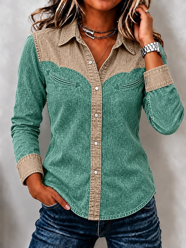Women's Denim Blouse Denim Shirt Henley Shirt Plain Vintage Fashion Stylish Long Sleeve Long Tops Casual Blue Green Spring Fall Winter - Green