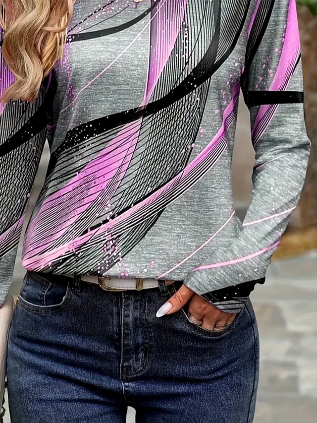 Women's T shirt Long Sleeve Crew Neck Long Sleeve Tunic Graphic Geometric Striped Vintage Stylish Round Neck Regular Tops Daily Print Purple Fall Prefall - Purple