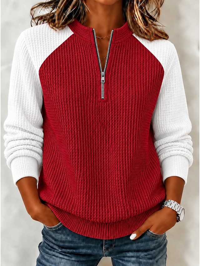 Women's Waffle Polo Shirts Solid Color Bohemia Active Vacation Long Sleeve High Neck Regular Tops Casual Daily Holiday Yellow Red Orange Summer Spring Fall Winter - Red