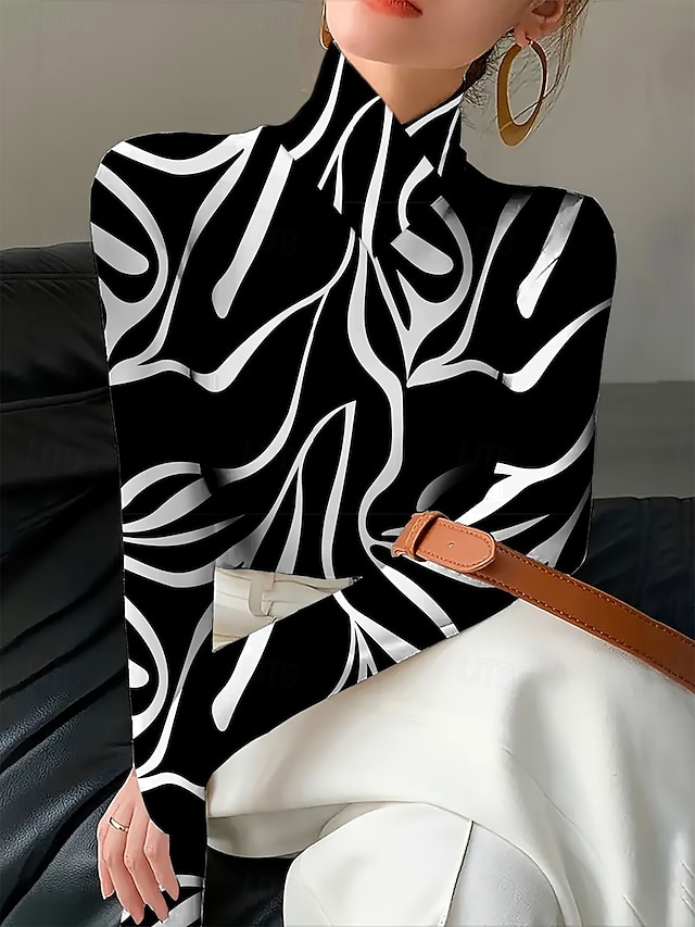 Women's T Shirt Graphic Geometry Elegant Vintage Stylish Long Sleeve Turtleneck High Neck Regular Tops Going out Blue White Yellow Red Fall Winter - White