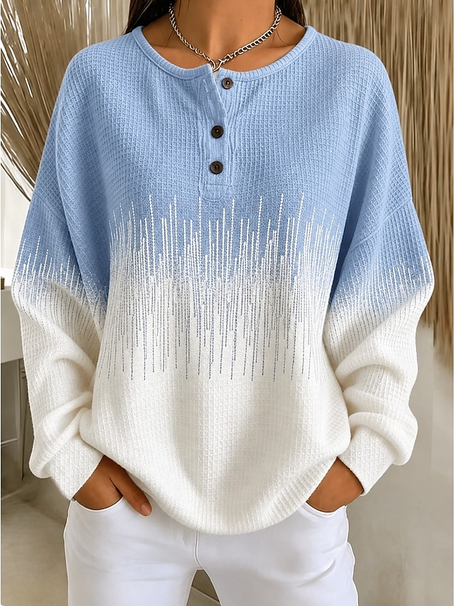 Women's Waffle Knit Tops Buttons Graphic Abstract Fashion Casual Print Long Sleeve Crew Neck Regular Tops Casual Blue Yellow Pink Navy Blue Light Brown Spring Fall - Blue