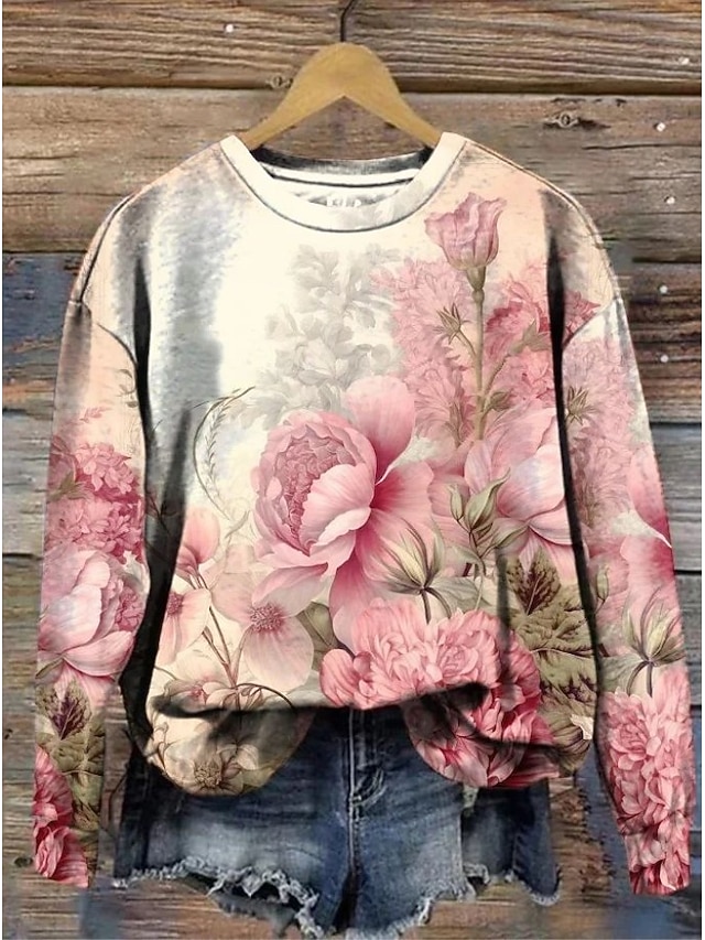 Women's Pullover Sweatshirt Print Floral Graphic Warm Active Vintage Long Sleeve Round Neck Regular Tops Casual Street Dailywear Blue Yellow Pink Red Beige Spring Fall Winter - Pink