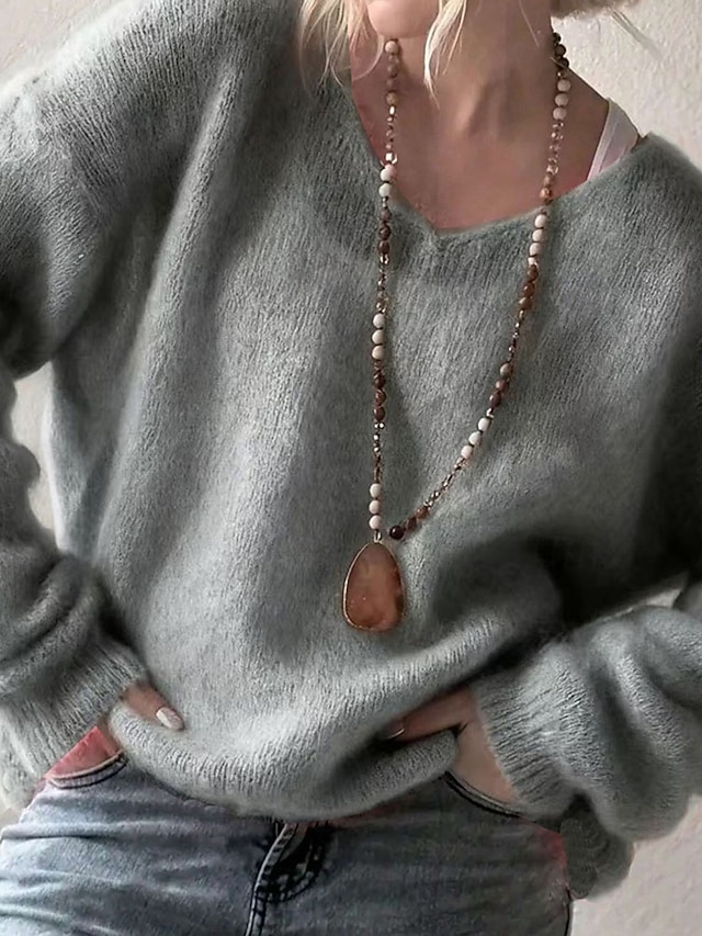 Women's Sweater Pullover Elegant Fashion Cute Solid Color V Neck Knitted Long Sleeve Regular Tops Knit Daily Home Outdoor Blue Pink Fall Winter - Gray