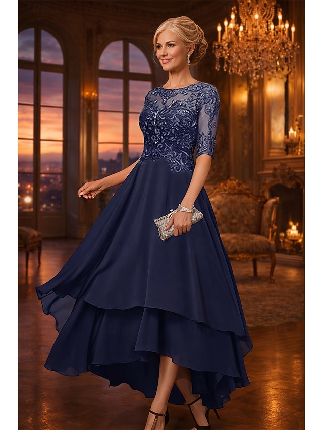 A-Line Asymmetrical Party Dress Cocktail Dress Wedding Guest Dress Mother of the Bride Dress Half Sleeve Crew Neck Elegant Simple Formal Wedding Guest Formal Evening with Lace Solid Color - Beacon blue