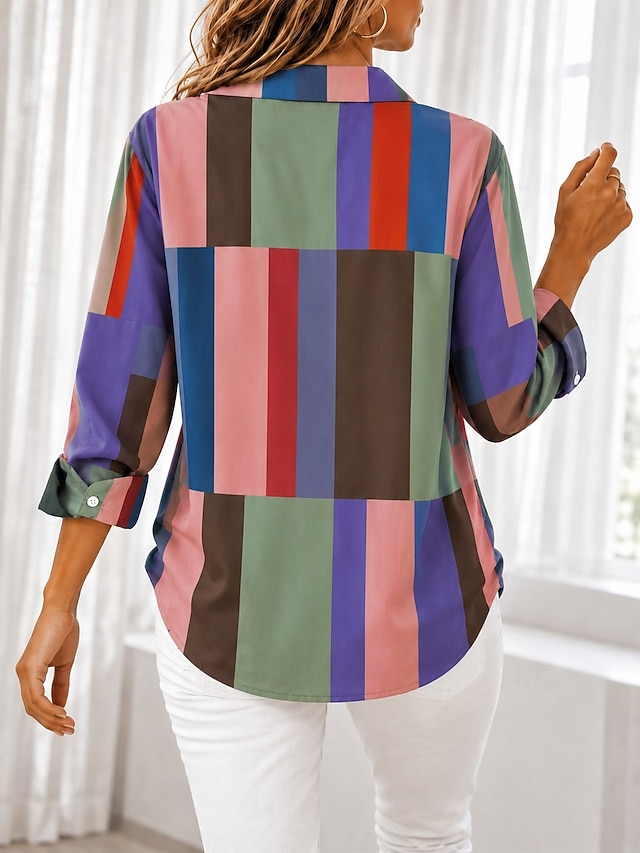 Women's Shirt Blouse Patchwork Buttons Print Ombre Floral Graphic Bohemia Vacation Vintage Long Sleeve Shirt Collar Regular Tops Casual Daily Blue Red Green Summer Spring Fall - Blue
