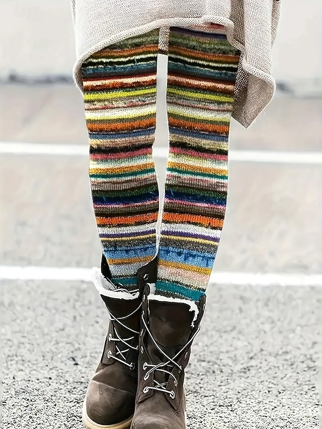 Women's Pants Trousers Leggings Cozy Leggings Streetwear Casual Full Length High Waist Striped Elastic Waist Print Breathability Comfortable Stretchy Vacation Street Daily Wear Black Grey Black 2 - Green