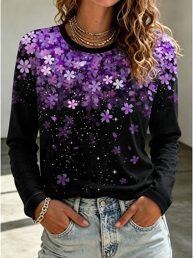 Women's T Shirt Print Floral Graphic Fashion Stylish Classic Long Sleeve Crew Neck Regular Tops Casual Daily Weekend White Black Yellow Red Green Summer Spring Fall - Black
