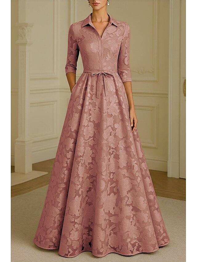A-Line Floor Length Shirt Dress Formal Dresses Evening Gown Mother of the Bride Dress Long Sleeve Shirt Collar Elegant Vintage Formal Satin Jacquard with Bow(s) Flower - Dusty Rose