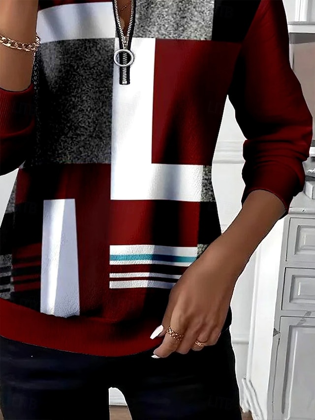 Women's Pullover Sweatshirt Zip Up Sweatshirts Patchwork Zipper Print Graphic Geometric Color Block Fashion Casual Long Sleeve Crew Neck Regular Tops Street Dailywear Blue Wine Green Fall Winter - Wine