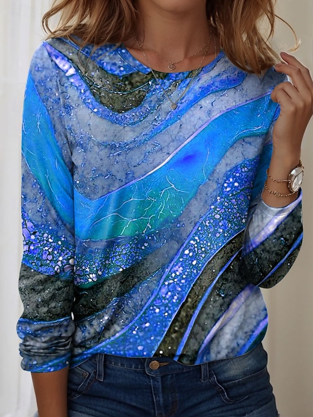 Women's T shirt Long Sleeve Crew Neck Long Sleeve Tunic Ombre Graphic Texture Vintage Stylish Modern Round Neck Regular Tops Daily Print Blue Purple Orange Green Fall Prefall - Blue