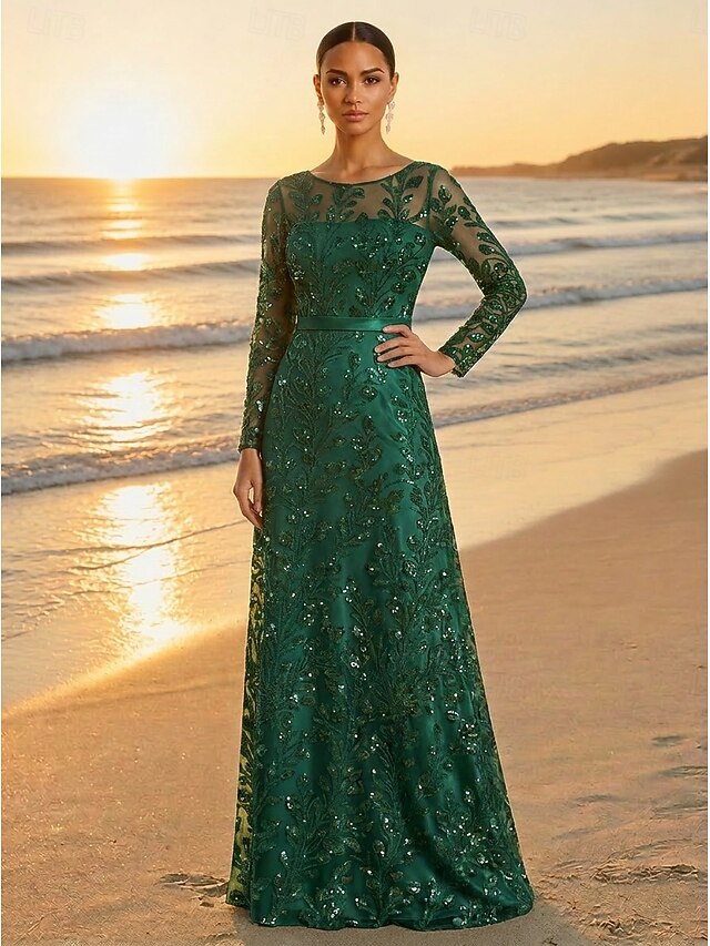 A-Line Dress Floor Length Party Dress Cocktail Dress Mother of the Bride Dress Long Sleeve Bateau Neck Elegant Vintage Luxurious Formal Wedding Guest Formal Evening Satin Tulle with Sequin Flower - Dark Green