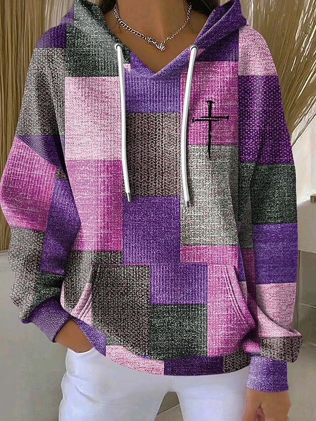 Women's Pullover Hoodie Sweatshirt Print Front Pocket Graphic Geometric Warm Vintage Casual Long Sleeve Hooded Regular Tops Casual Street Dailywear Pink Purple Orange Green Fall Winter - Purple