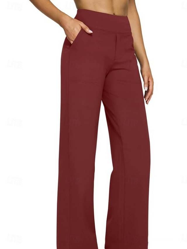 Women's Trousers Casual Pants Straight Fashion Streetwear Basic Full Length High Waist Plain Pocket Elastic Waist Comfort Micro-elastic Daily Vacation Street Blue Black White Almond Spring Fall Loose - Burgundy
