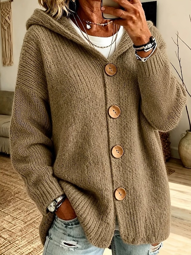 Women's Cardigan Sweater Elegant Vintage Fashion Solid Color Hooded Buttons Long Sleeve Long Tops Knit Daily Home Holiday Khaki Black Spring Fall - Khaki