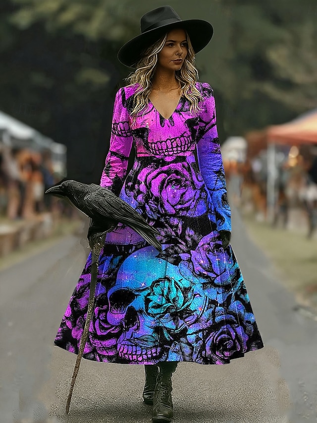 Halloween Women's Giant Skull Skeleton Print Midi Dress X Ray Rib Cage Graphic A Line V Neck Long Sleeve Gothic Costume Party Dress Gray - Blue