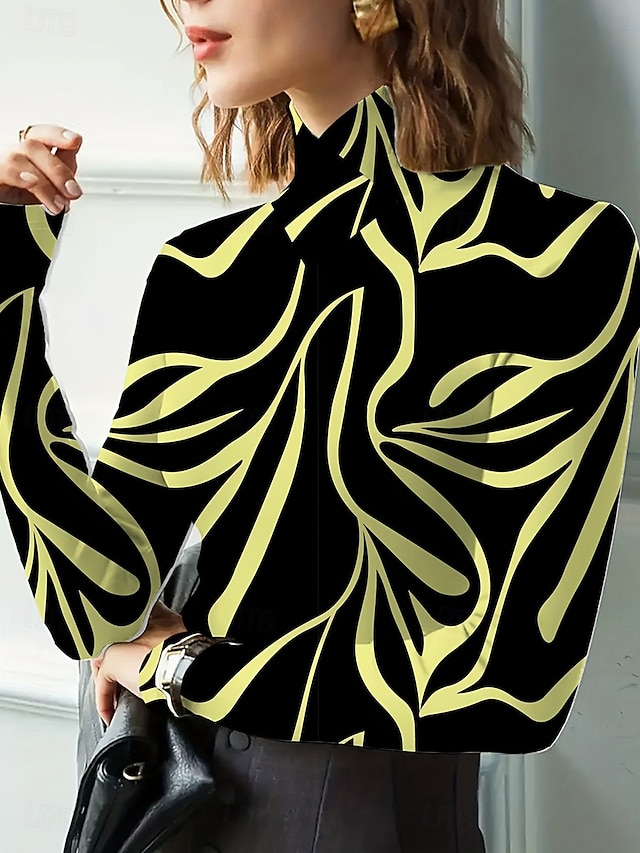 Women's T Shirt Graphic Geometry Elegant Vintage Stylish Long Sleeve Turtleneck High Neck Regular Tops Going out Blue White Yellow Red Fall Winter - White