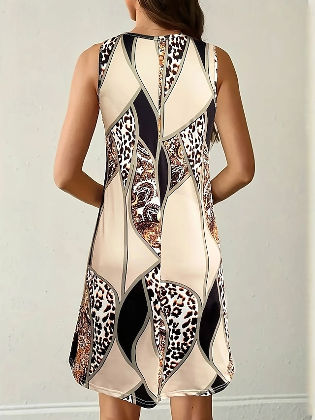 Women's Knee Length Dress Sundress A Line Dress Summer Dress Vacation Casual Boho Beach Party Wedding Regular Fit Graphic Leopard Geometric Sleeveless U Neck Yellow Red Orange Beige Summer Spring - Beige