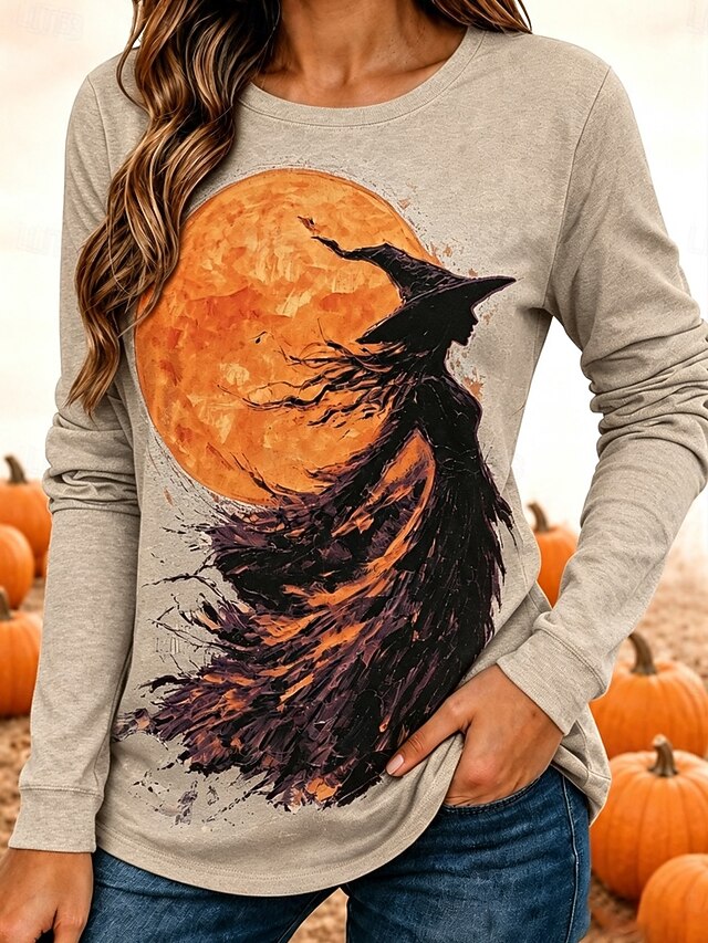 Halloween Women's Flying Witch Orange Full Moon Graphic T Shirt Long Sleeve Crew Neck Vintage Spooky Casual Top Black - Khaki