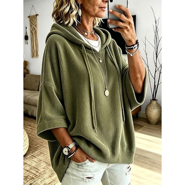 Women's Corduroy Tops Textured Warm Vintage Fashion 3/4 Length Sleeve Hooded Long Tops Casual Home Street Ash Light Purple Green Fall Winter - Green