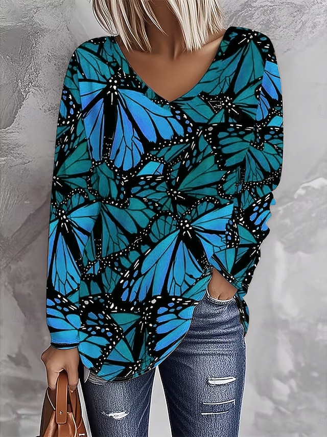 Women's T Shirt Print Graphic Butterfly Vintage Stylish Casual Long Sleeve V Neck Regular Tops Daily Blue Purple Orange Green Spring Fall - Blue