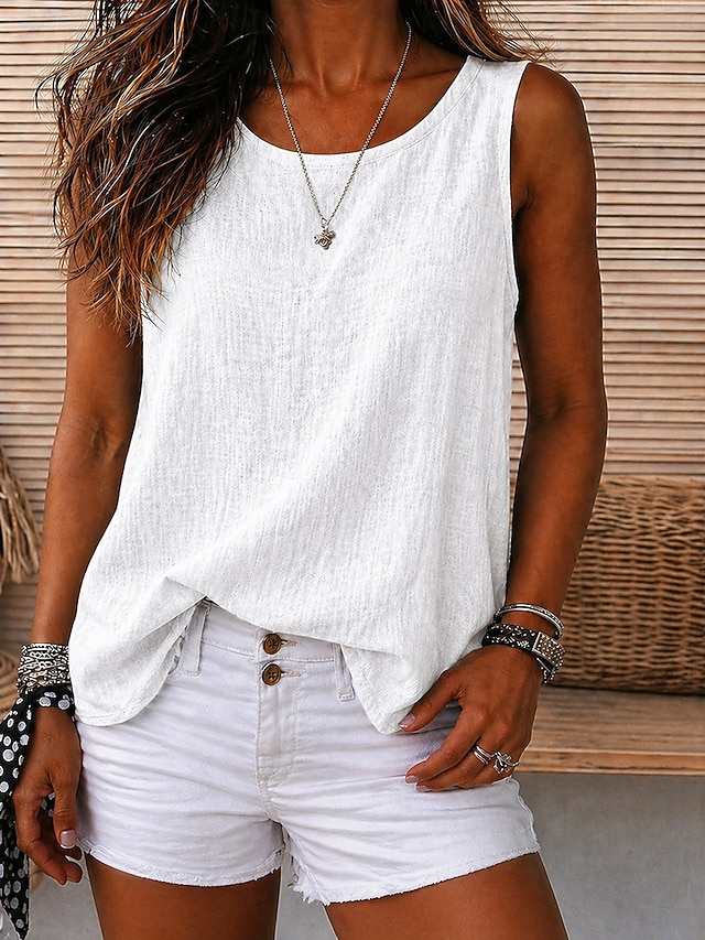 Women's Vintage Cozy 100%Cotton Washed Round Neck Sleeveless Tank Top Casual Black White Sky Blue Orange Violet Summer Spring - White