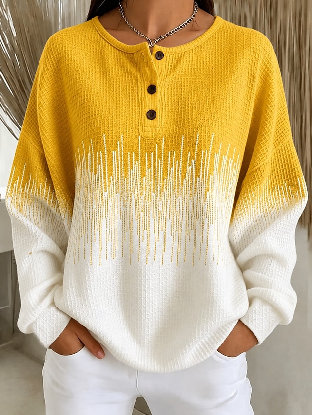 Women's Waffle Knit Tops Buttons Graphic Abstract Fashion Casual Print Long Sleeve Crew Neck Regular Tops Casual Blue Yellow Pink Navy Blue Light Brown Spring Fall - Yellow