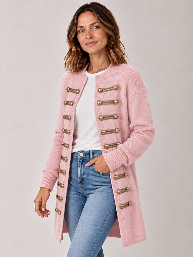Women's Long Cardigan Knit Sweater Napoleonic Style Casual Ribbed Crew Neck Buttons Long Sleeve Long Tops Knit Club Party Halloween Blue Pink Fall - Gray