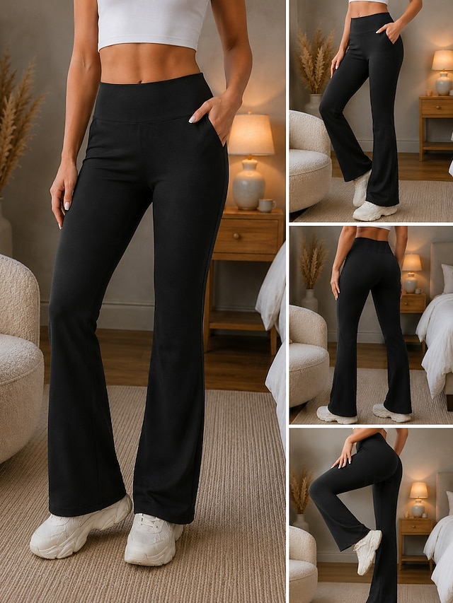 Women's Slacks Straight Streetwear Casual Full Length Natural Plain Pocket Elastic Waist Soft Street Holiday Weekend claret Depression Green Grey Black Fall Regular Fit - Black