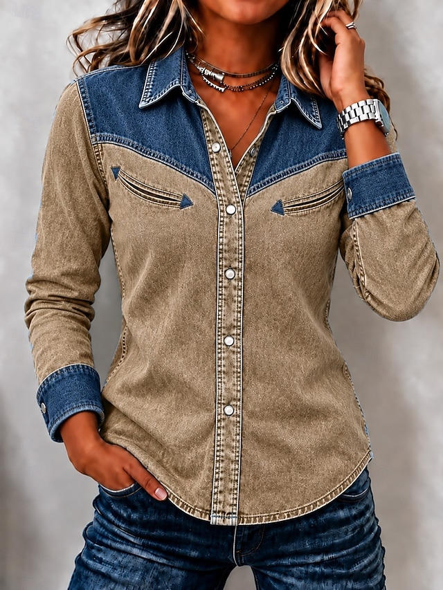 Women's Denim Blouse Denim Shirt Henley Shirt Patchwork Plain Vintage Fashion Stylish Long Sleeve Turndown Long Tops Casual Beach Blue Khaki Red Spring Fall Winter - Khaki