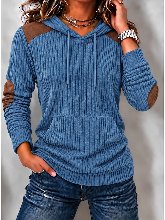 Women's Corduroy Tops Pullover Hoodie Sweatshirt Patchwork Pocket Plain Warm Active Vintage Long Sleeve Hooded Long Tops Casual Home Street Orange Green Fall Winter - Orange