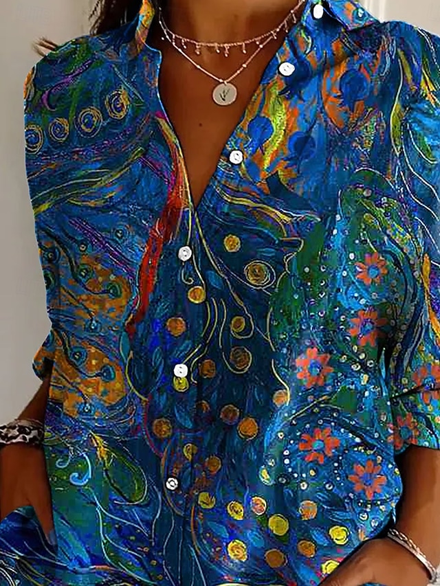Women's Shirt Linen Like Breathable Lightweight Button Down Tunic Shirt Collar Long Sleeve Floral Casual Regular Tops Work Daily s Print White Yellow Pink Red Blue Spring Fall Winter - White