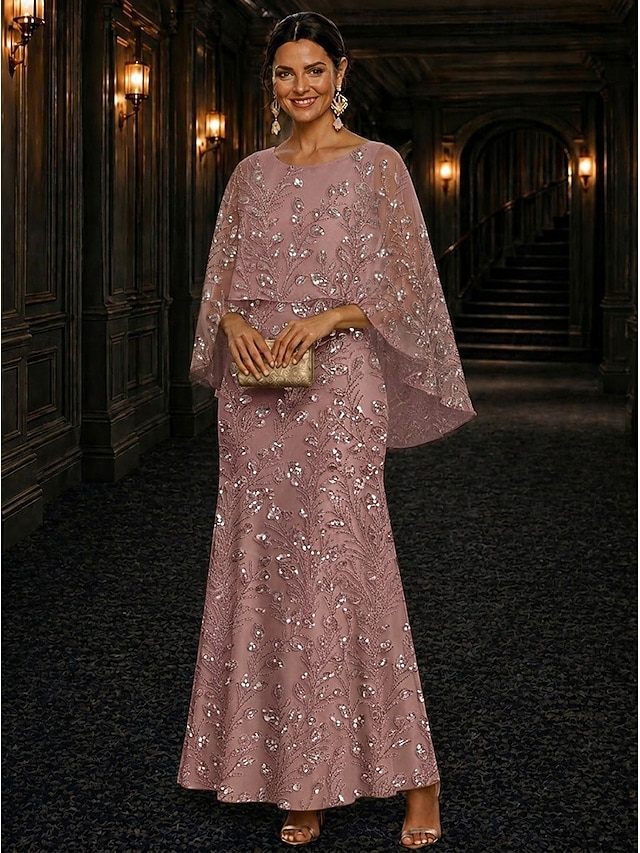 A-Line Dress Floor Length Ankle Length Cocktail Dress Mother of the Bride Dress Long Sleeve Scoop Neck Elegant Luxurious Sparkle & Shine Formal Wedding Guest Semi Formal Lace with Beading Sequin - Dusty Rose