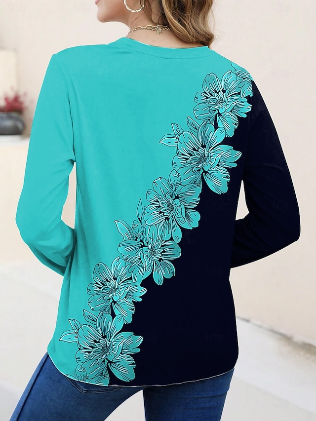 Women's T shirt Long Sleeve Crew Neck Long Sleeve Tunic Floral Graphic Plants Vintage Stylish Classic Round Neck Regular Tops Daily Weekend Print Yellow Light Green Blue Sky Blue Purple Prefall - Green
