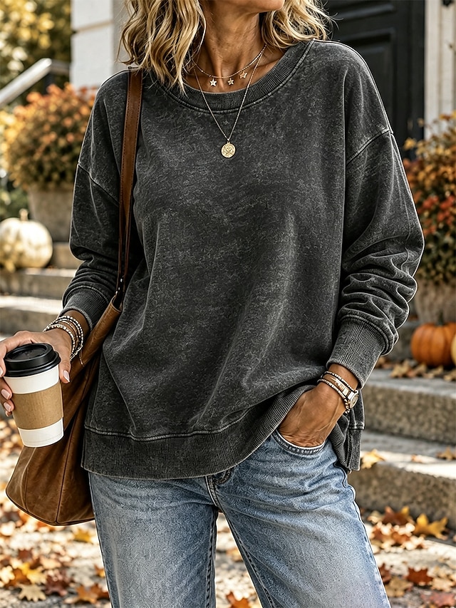 Women's Washed Cotton Pullover Sweatshirt Pullover Plain Active Vintage Casual Long Sleeve Crew Neck Regular Tops Casual Home Street Black Pink Purple khaki Army Green Spring Fall Winter - Black
