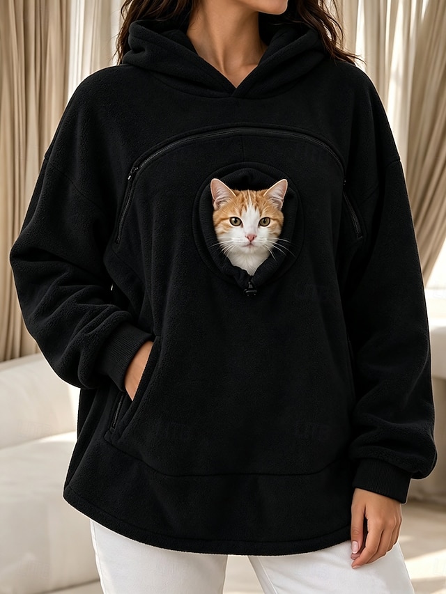 Women's Pet Carrier Hoodie Pet Pouch Hoodie Fleece Casual Long Sleeve Hooded Regular Tops pale pinkish gray Black Olive Green Yellow Red Fall Winter - Black
