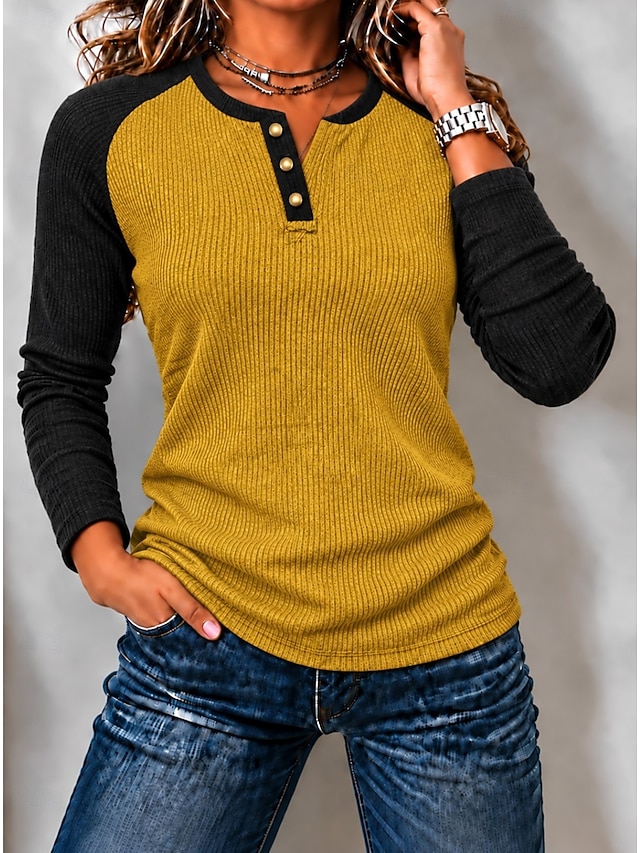 Women's Tunic Patchwork Pocket Vintage Stylish Classic Long Sleeve Henley Regular Tops Casual Daily Going out Red Gray Spring Fall Winter - Red
