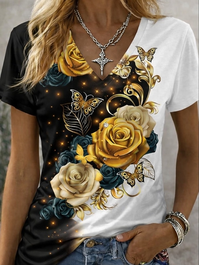 Women's T Shirt Print Graphic Plants Color Gradient Vintage Stylish Classic Short Sleeve V Neck Regular Tops Daily Blue Black and White White-Blue Summer Spring - Black and White