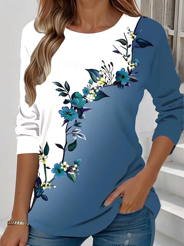 Women's T shirt Long Sleeve Crew Neck Long Sleeve Tunic Floral Graphic Plants Vintage Stylish Classic Round Neck Regular Tops Daily Weekend Print Yellow Light Green Blue Sky Blue Purple Prefall - Blue