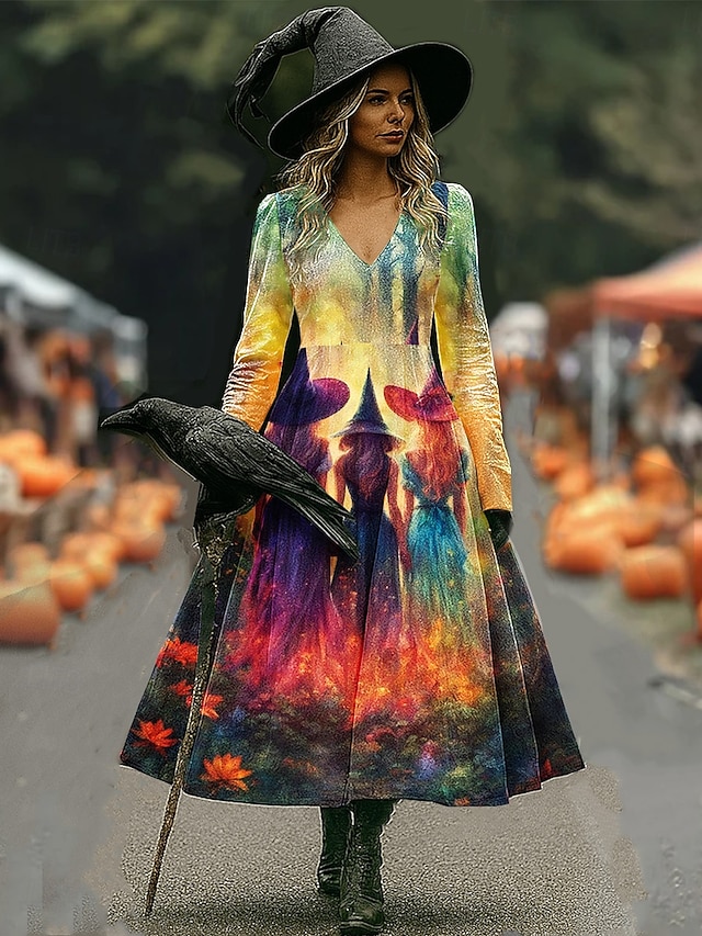 Halloween Women's Witch Hat Magic Fire Print Maxi Dress Hocus Pocus Graphic A Line V Neck Long Sleeve Gothic Costume Party Dress Orange Purple - Yellow