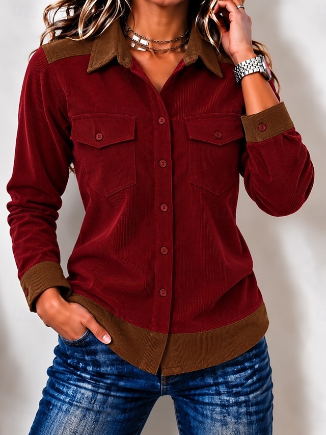 Women's 100% Cotton Corduroy Shirt Color Block Plain Vintage Fashion Stylish Long Sleeve Regular Tops Casual Beach Red Green Grey Spring Fall Winter - Red
