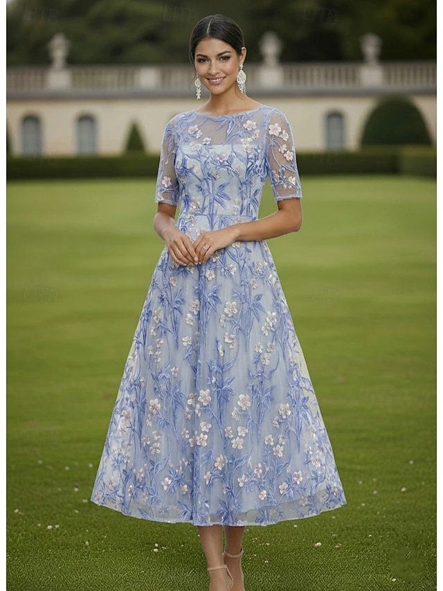 A-Line Dress Tea Length Lace Dress Cocktail Dress Mother of the Bride Dress Short Sleeve Half Sleeve Boat Neck Elegant Vintage Luxurious Wedding Guest Semi Formal Lace with Embroidery Flower - Sky Blue