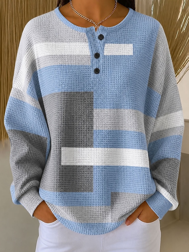 Women's Textured Pullover Sweatshirt Buttons Graphic Geometric Color Block Fashion Casual Print Long Sleeve Crew Neck Regular Tops Casual Street Blue Yellow Pink Spring Fall - Blue