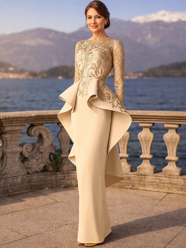 Sheath Column Floor Length Wedding Guest Dress Formal Dresses Evening Gown Mother of the Bride Dress Long Sleeve Scoop Neck Elegant Party Formal Wedding Guest Lace Stretch Fabric with Ruffles - Champagne