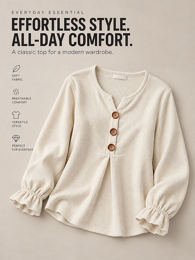 Women's Corduroy Shirt Blouse Ruffle Blouse Solid Color Plain Casual Long Sleeve V Neck Regular Tops Casual claret off white Black Pink Sky Blue Spring Fall - off white
