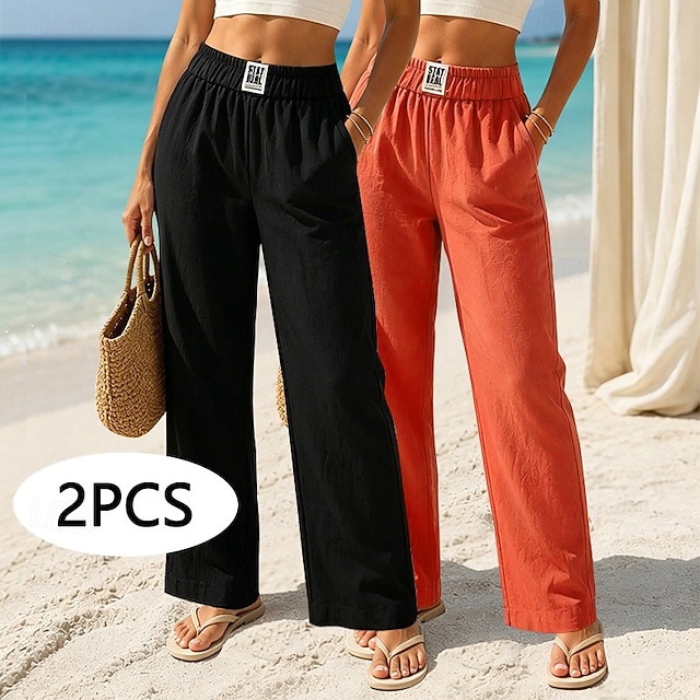 Multi Packs 2pcs Women's Cotton Linen Pants Trousers Casual Pants Summer Pants Vacation Fashion Streetwear Full Length High Waist Plain Pocket Elastic Waist Comfort Breathability Comfortable - Black+Red