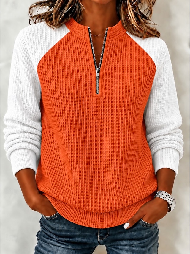 Women's Waffle Polo Shirts Solid Color Bohemia Active Vacation Long Sleeve High Neck Regular Tops Casual Daily Holiday Yellow Red Orange Summer Spring Fall Winter - Orange
