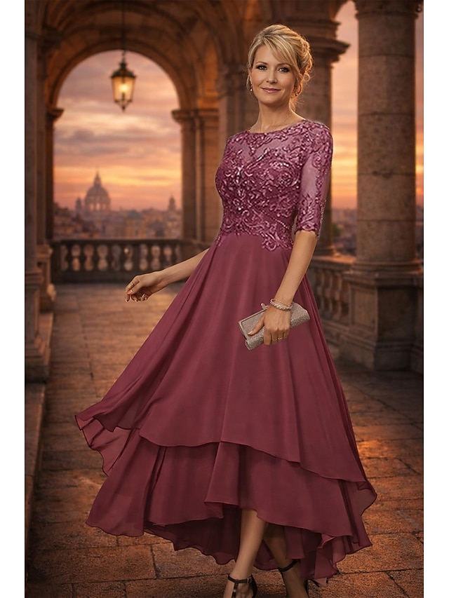 A-Line Asymmetrical Party Dress Cocktail Dress Wedding Guest Dress Mother of the Bride Dress Half Sleeve Crew Neck Elegant Simple Formal Wedding Guest Formal Evening with Lace Solid Color - Cabernet