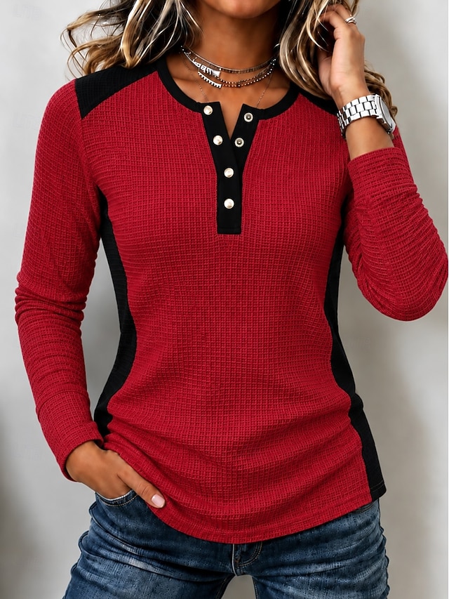 Women's Waffle Polo Shirts Solid Color Bohemia Active Vacation Long Sleeve High Neck Long Tops Casual Daily Holiday Blue White Yellow Red Summer Spring Fall Winter - Red