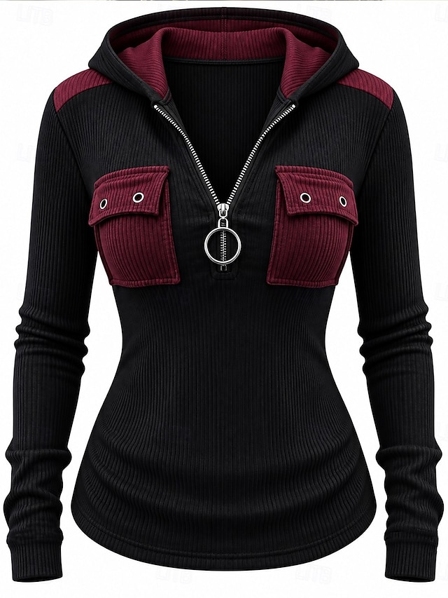 Women's Tunic Patchwork Pocket Vintage Stylish Long Sleeve V Neck Regular Tops Casual Daily Streetwear Black Spring Fall Winter - Black